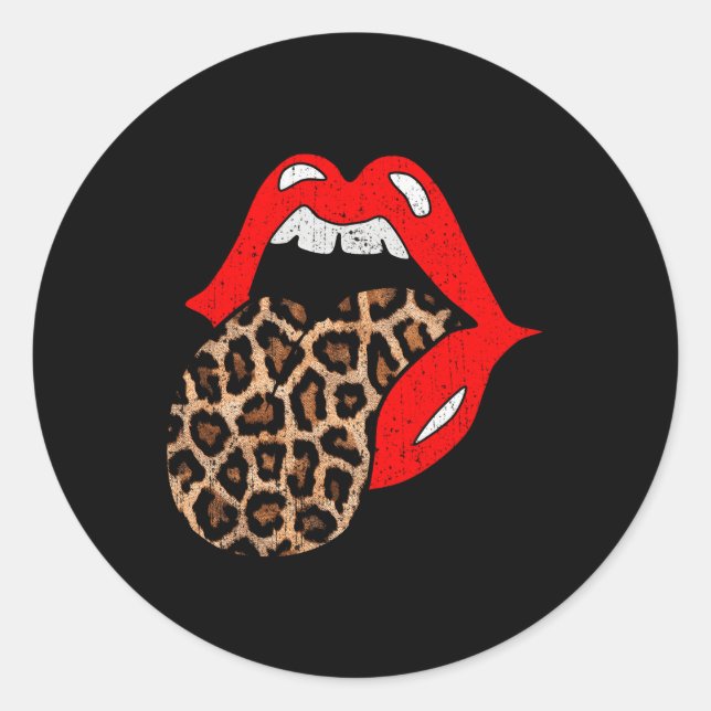 Red Lips Leopard Tongue Animal Print Classic Round Sticker (Front)