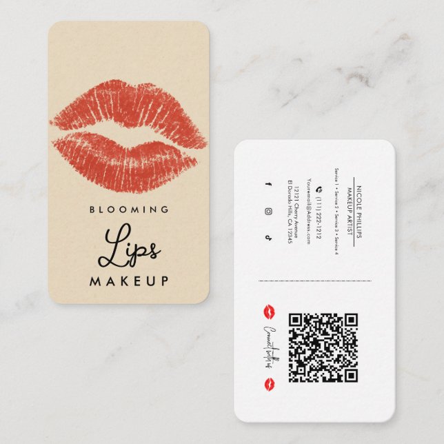 Red Lips Lipstick Lip Stain Makeup Social Media QR Business Card (Front/Back)