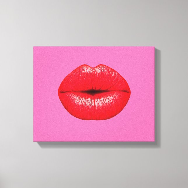 Red lips lipstick pop art on girly pink canvas print (Front)