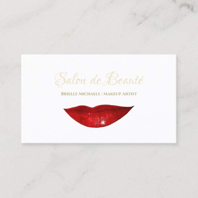 Red Lips Makeup Artist Elegant Gold Script Business Card (Front)