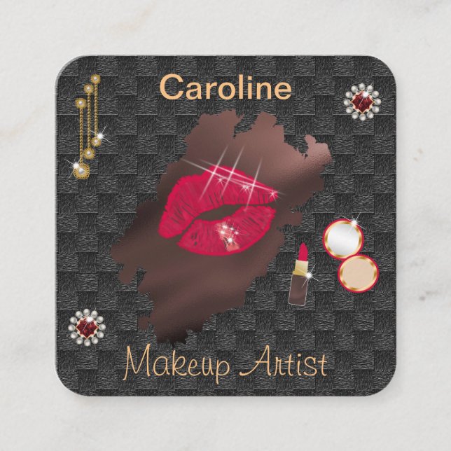 Red Lips Makeup Artist & Pearls and Gems Square Business Card (Front)