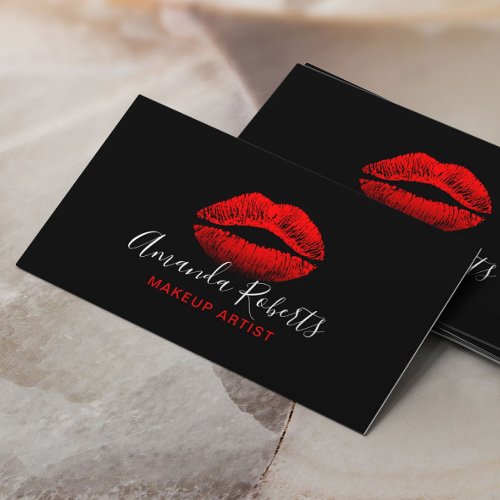 Red Lips Makeup Artist Plain Black Business Card