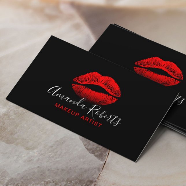 Red Lips Makeup Artist Plain Black Business Card (Creator Uploaded)