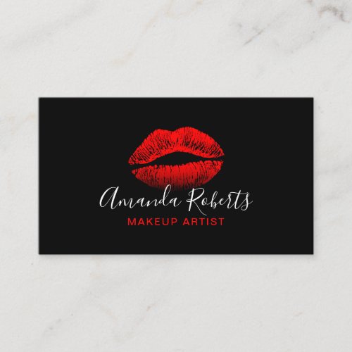 Red Lips Makeup Artist Plain Black Business Card