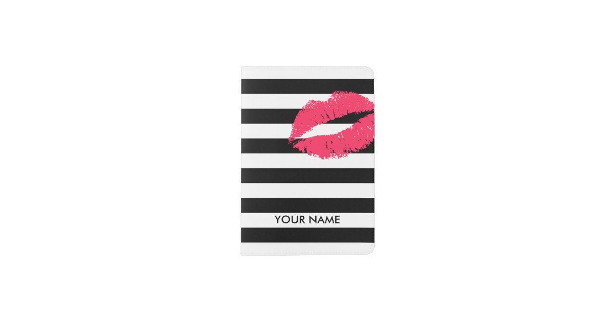 Red Lips Modern Black White Stripes With Name Passport Holder Zazzle Com