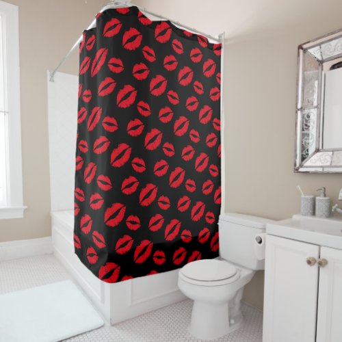Red Lips Modern Kiss Pattern Trendy Black Shower Curtain