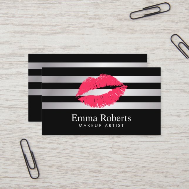 Red Lips Modern Silver Stripes Makeup Artist Business Card (Front/Back In Situ)