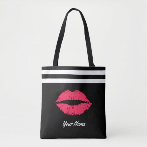 Red Lips Modern Stripes Custom Name Tote Bag