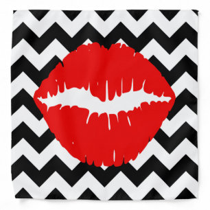 Red Lips on Black and White Zigzag Bandana