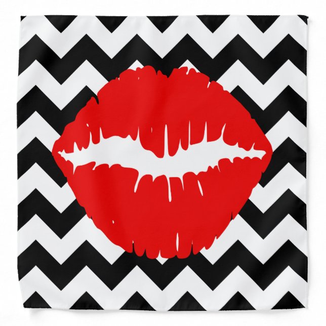 Red Lips on Black and White Zigzag Bandana (Front)
