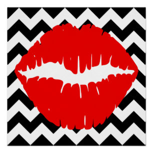 Red Lips on Black and White Zigzag Poster