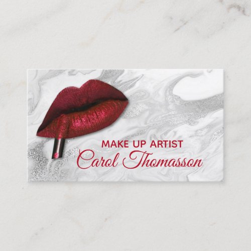 Red Lips on White Faux Marble Makeup Business Card