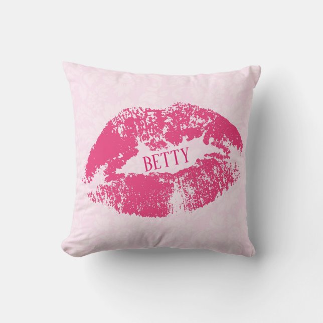 Red Lips Over Light Pink Floral Damask Pattern Throw Pillow (Front)