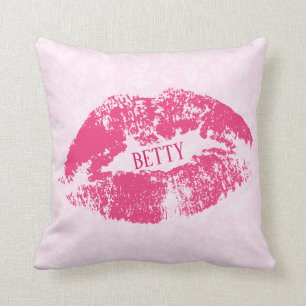 Red Lips Over Light Pink Floral Damask Pattern Throw Pillow