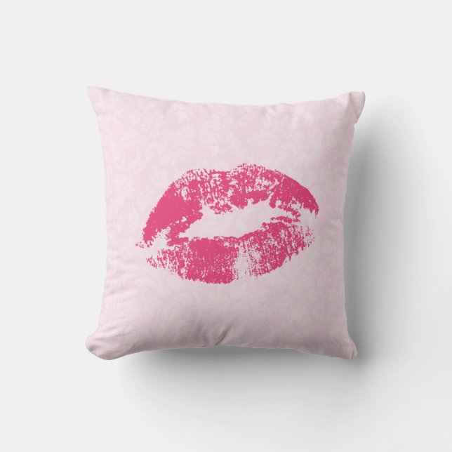 Red Lips Over Light Pink Floral Damask Pattern Throw Pillow (Front)