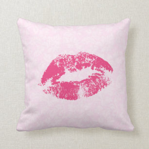 Red Lips Over Light Pink Floral Damask Pattern Throw Pillow