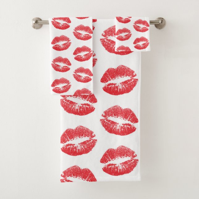 Red Lips, Pattern Of Lips, Red Lipstick, Kiss Bath Towel Set (Insitu)