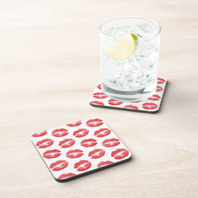 Red Lips, Pattern Of Lips, Red Lipstick, Kiss Beverage Coaster (Right Side)