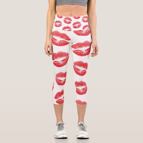 Red Lips Pattern Of Lips Red Lipstick Kiss Capri Leggings