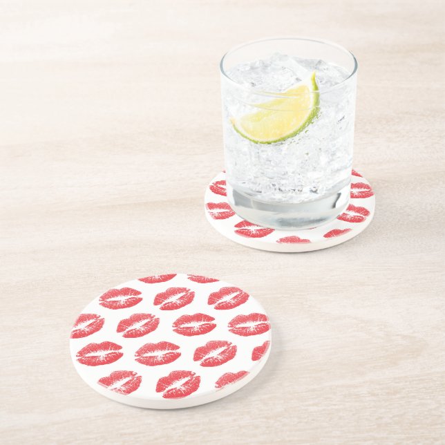 Red Lips, Pattern Of Lips, Red Lipstick, Kiss Coaster (Side)