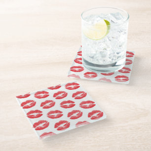 Red Lips, Pattern Of Lips, Red Lipstick, Kiss Glass Coaster
