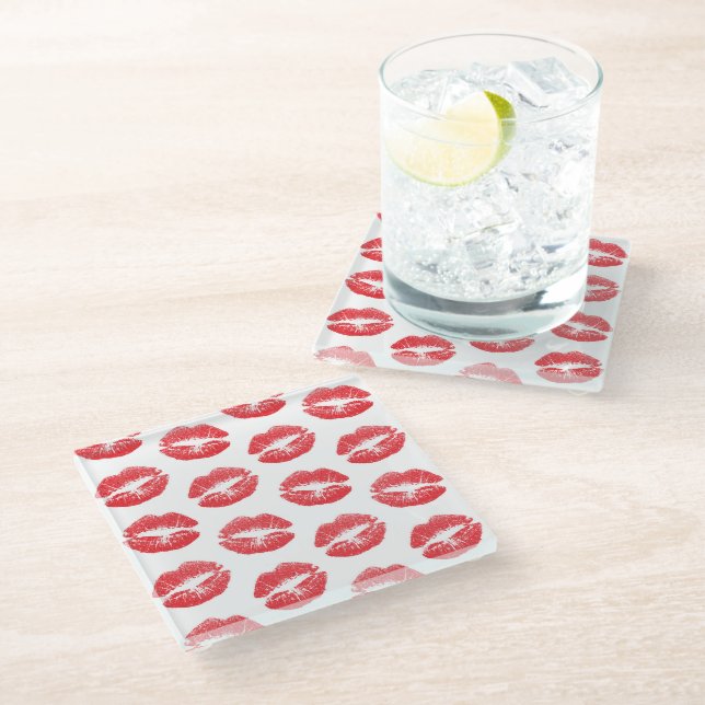 Red Lips, Pattern Of Lips, Red Lipstick, Kiss Glass Coaster (Angled)