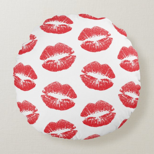 Red Lips, Pattern Of Lips, Red Lipstick, Kiss Round Pillow (Front)