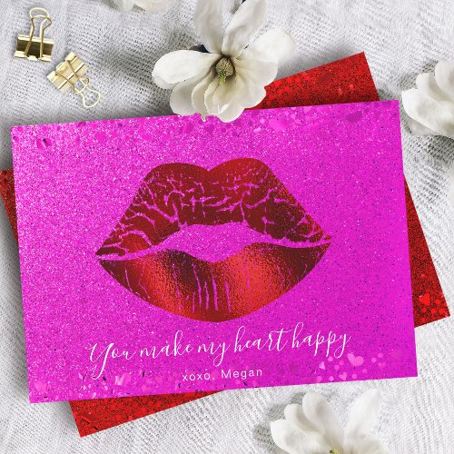 Red Lips Pink Glitter My Heart Happy Valentine Holiday Card