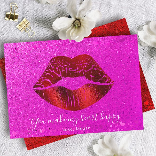 Red Lips Pink Glitter My Heart Happy Valentine Holiday Card (Creator Uploaded)