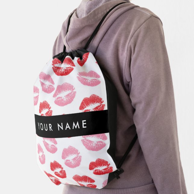 Red Lips, Pink Lips, Kiss, Your Name, Personalise Drawstring Bag (Insitu)