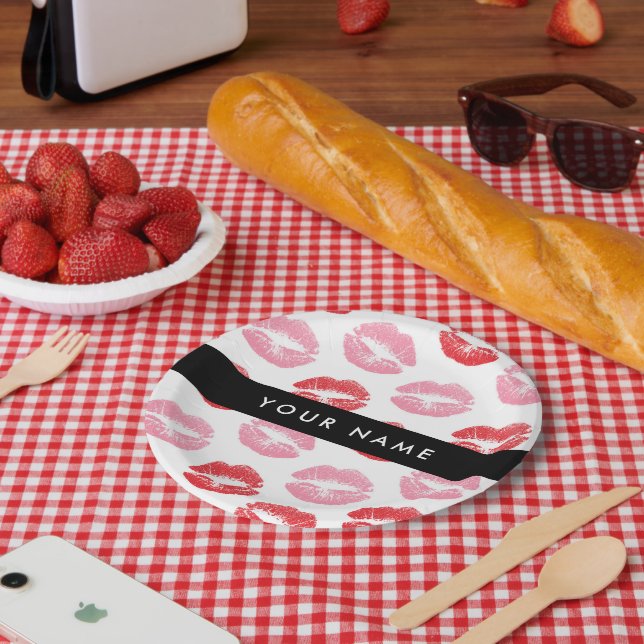 Red Lips, Pink Lips, Kiss, Your Name, Personalise Paper Plates (Picnic)