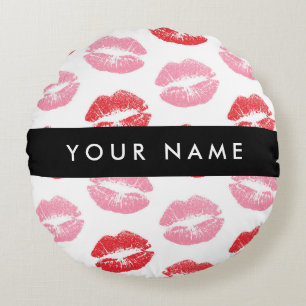 Red Lips, Pink Lips, Kiss, Your Name, Personalise Round Pillow