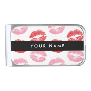 Red Lips, Pink Lips, Kiss, Your Name, Personalise Silver Finish Money Clip