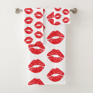 Red Lips, Red Lipstick, Kiss, Pattern Of Lips Bath Towel Set