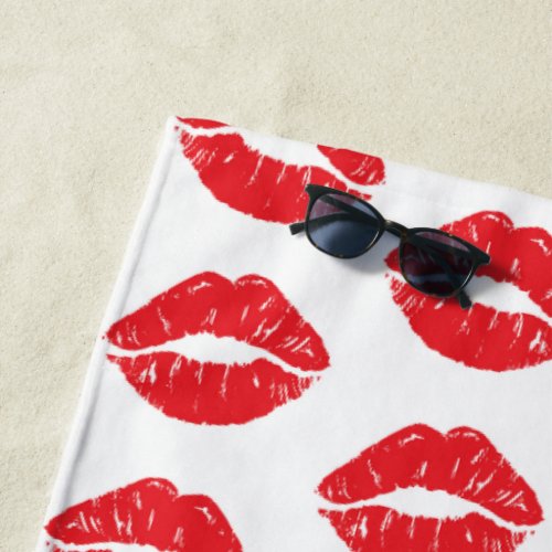 Red Lips Red Lipstick Kiss Pattern Of Lips Beach Towel