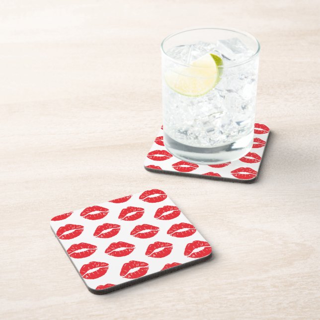 Red Lips, Red Lipstick, Kiss, Pattern Of Lips Beverage Coaster (Right Side)