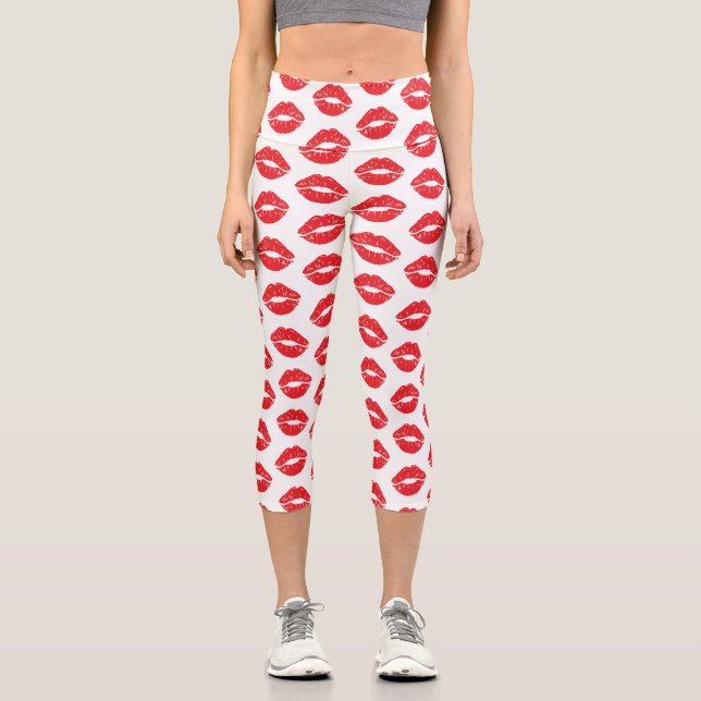 Red Lips, Red Lipstick, Kiss, Pattern Of Lips Capri Leggings (Front)