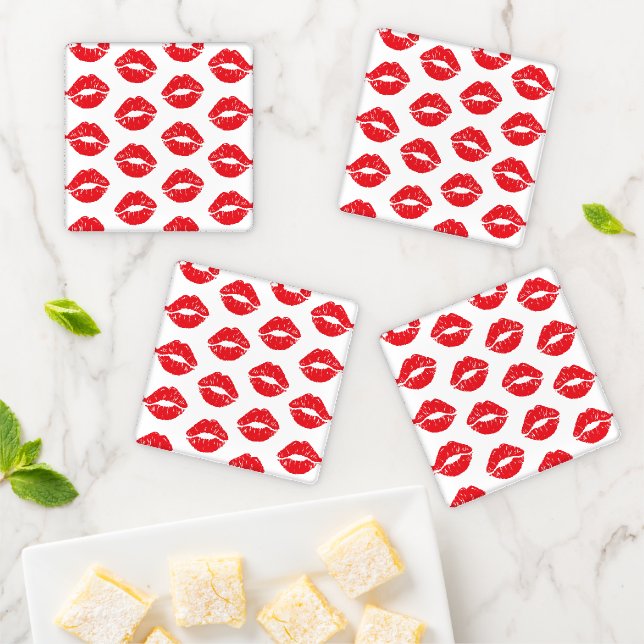 Red Lips, Red Lipstick, Kiss, Pattern Of Lips Coaster Set (In Situ)