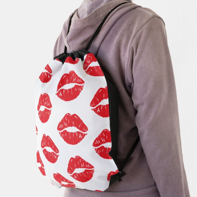 Red Lips, Red Lipstick, Kiss, Pattern Of Lips Drawstring Bag (Insitu)
