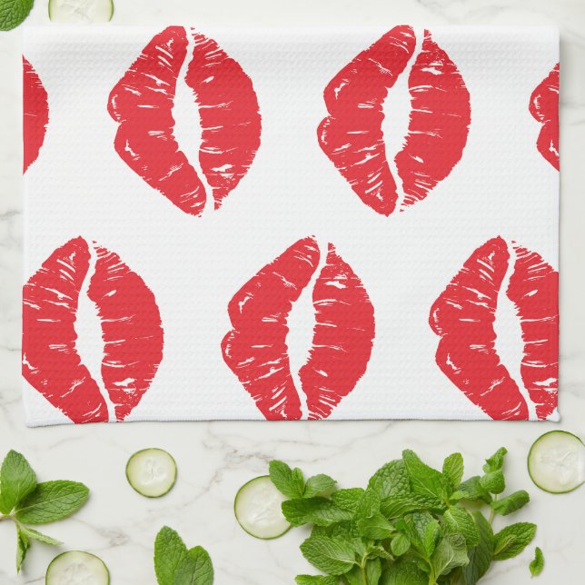 Red Lips, Red Lipstick, Kiss, Pattern Of Lips Kitchen Towel (Folded)