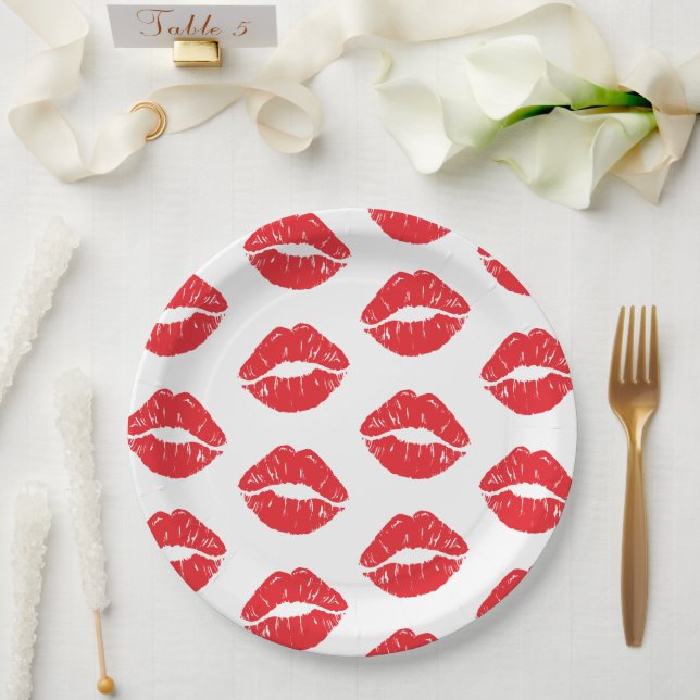 Red Lips, Red Lipstick, Kiss, Pattern Of Lips Paper Plates (Wedding)