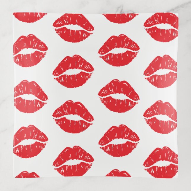 Red Lips, Red Lipstick, Kiss, Pattern Of Lips Trinket Tray (Front)