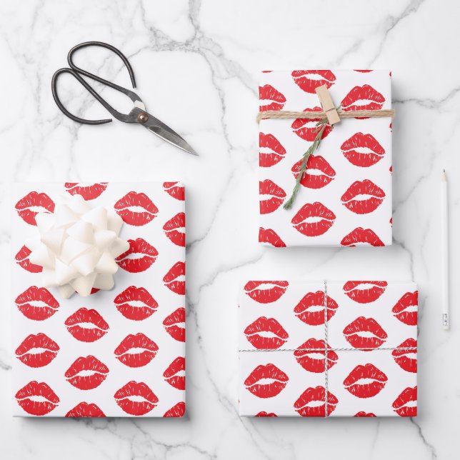 Red Lips, Red Lipstick, Kiss, Pattern Of Lips Wrapping Paper Sheets (Front)