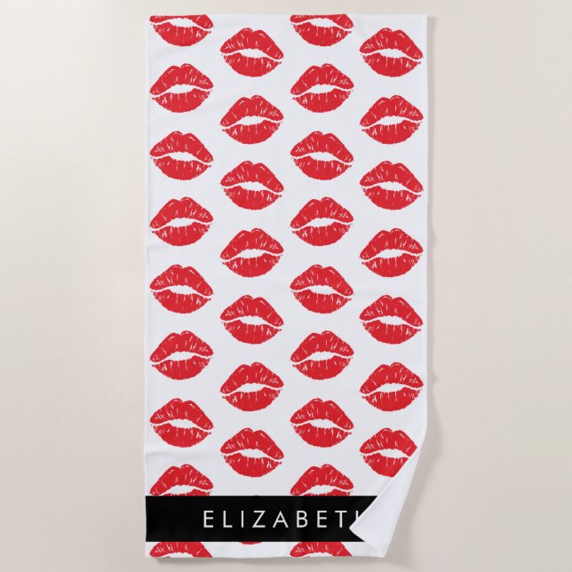 Red Lips, Red Lipstick, Pattern Of Lips, Your Name Beach Towel (Front)