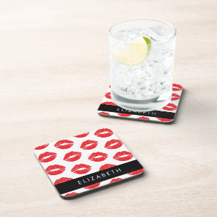 Red Lips, Red Lipstick, Pattern Of Lips, Your Name Beverage Coaster