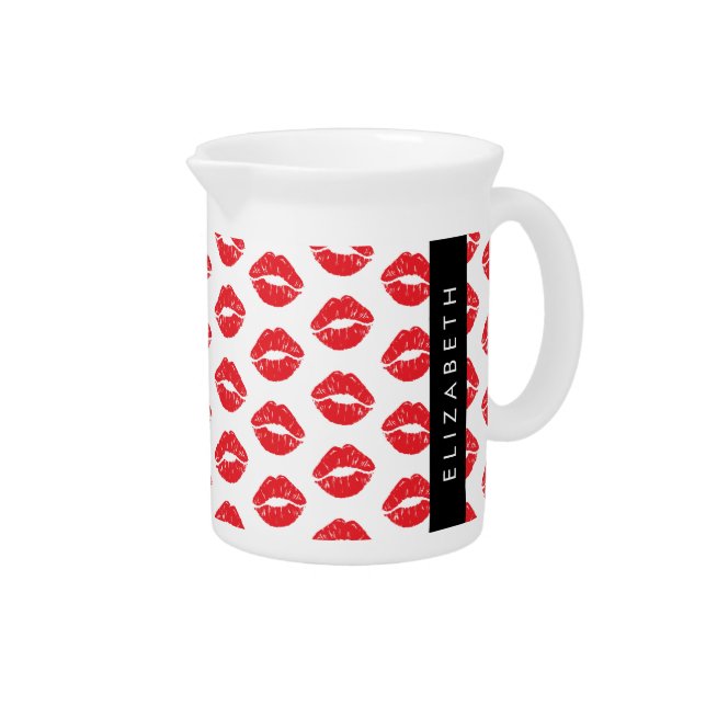 Red Lips, Red Lipstick, Pattern Of Lips, Your Name Beverage Pitcher (Right)