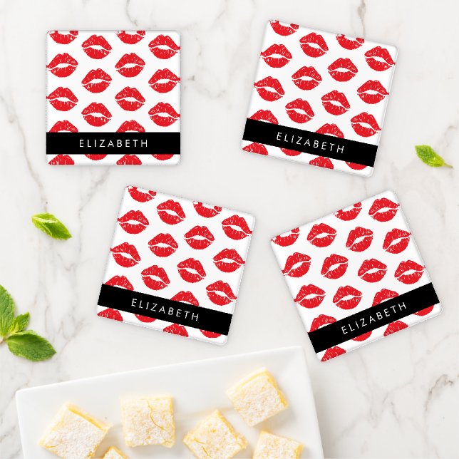 Red Lips, Red Lipstick, Pattern Of Lips, Your Name Coaster Set (In Situ)