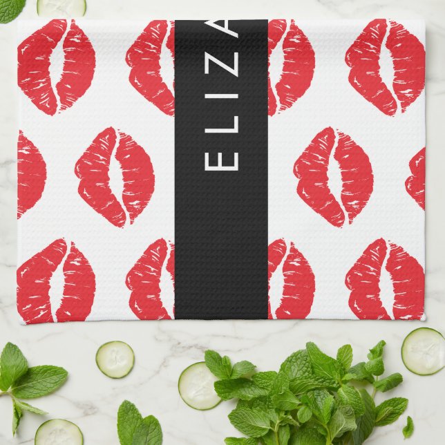 Red Lips, Red Lipstick, Pattern Of Lips, Your Name Kitchen Towel (Folded)