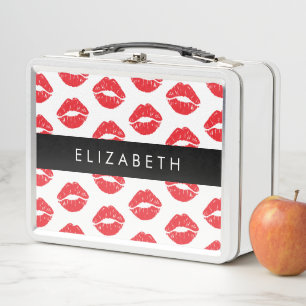 Red Lips, Red Lipstick, Pattern Of Lips, Your Name Metal Lunch Box
