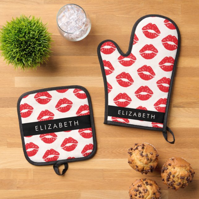 Red Lips, Red Lipstick, Pattern Of Lips, Your Name Oven Mitt & Pot Holder Set (Top Down)